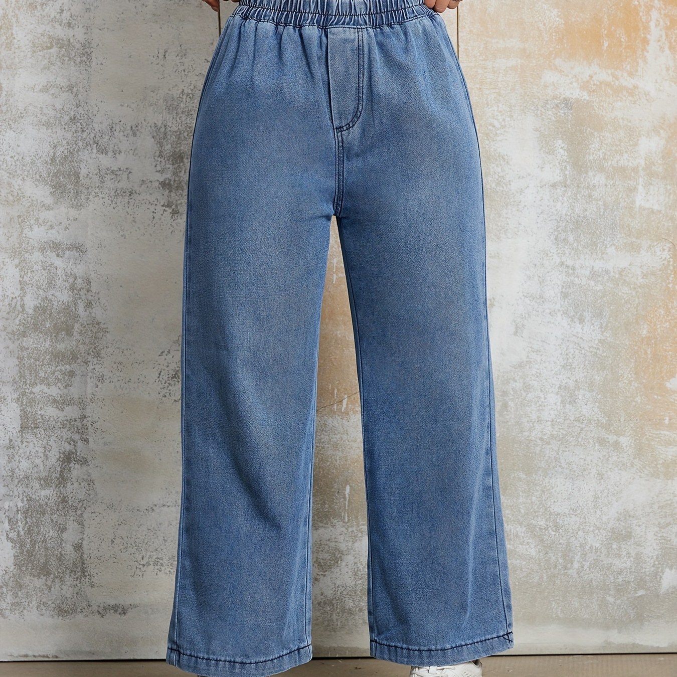 

Elastic Waist Loose Fit Denim Pants, Plain Washed Blue Wide Leg Jeans, Women's Denim Jeans & Clothing For Fall