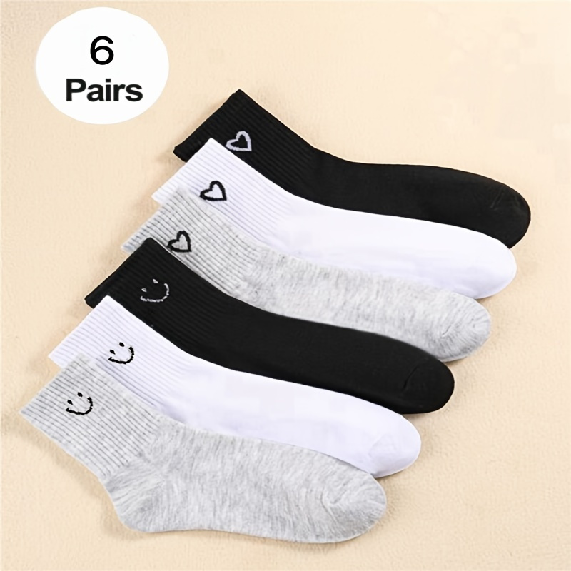 

6 Pairs Simple Versatile Smiling Face Pattern Socks, Comfy & Breathable Mid Tube Socks, Women's Stockings & Hosiery