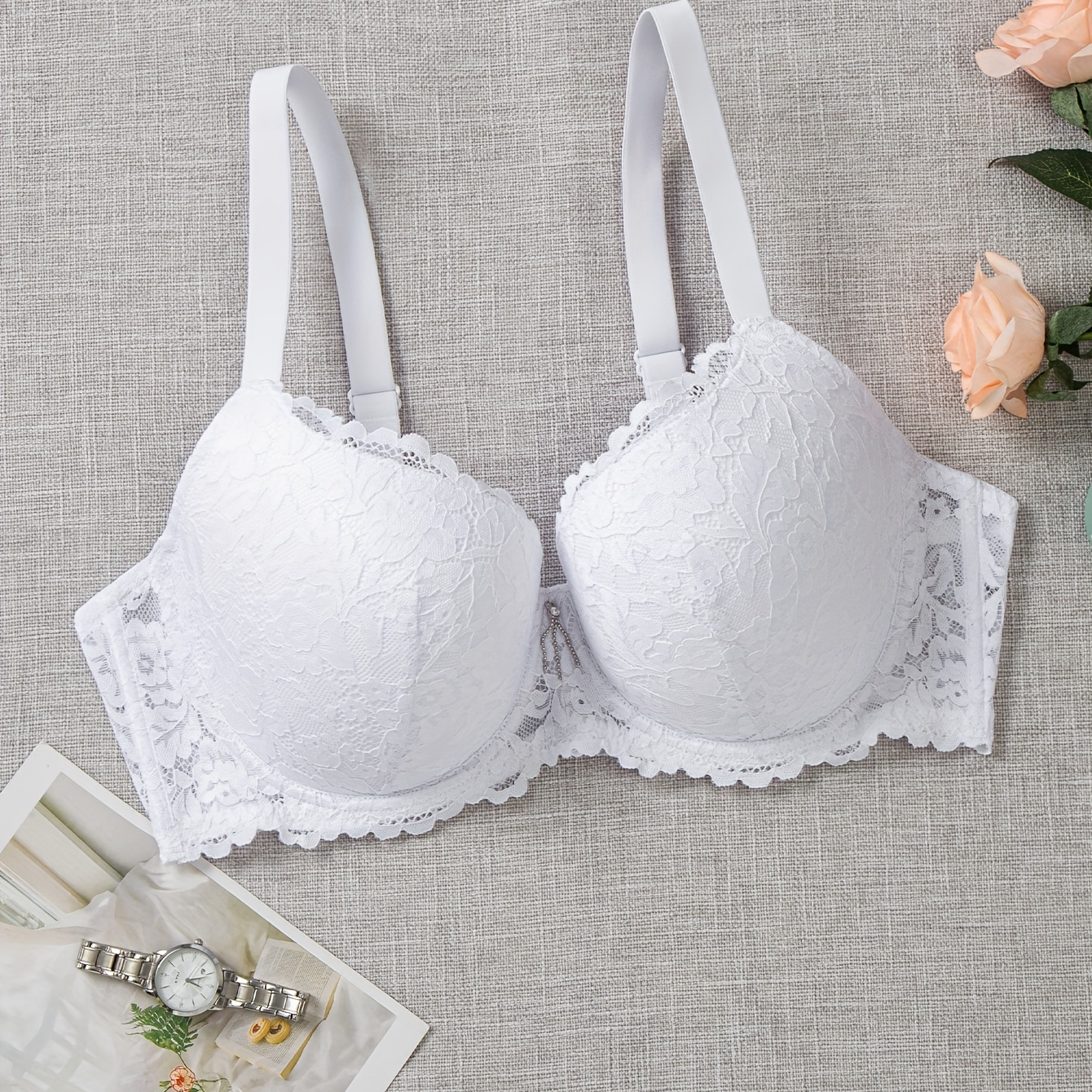 Plus Size Elegant Bra, Women's Plus Floral Lace Tassel Secor Molded Cup Full Cover Medium Stretch Comfort Bra