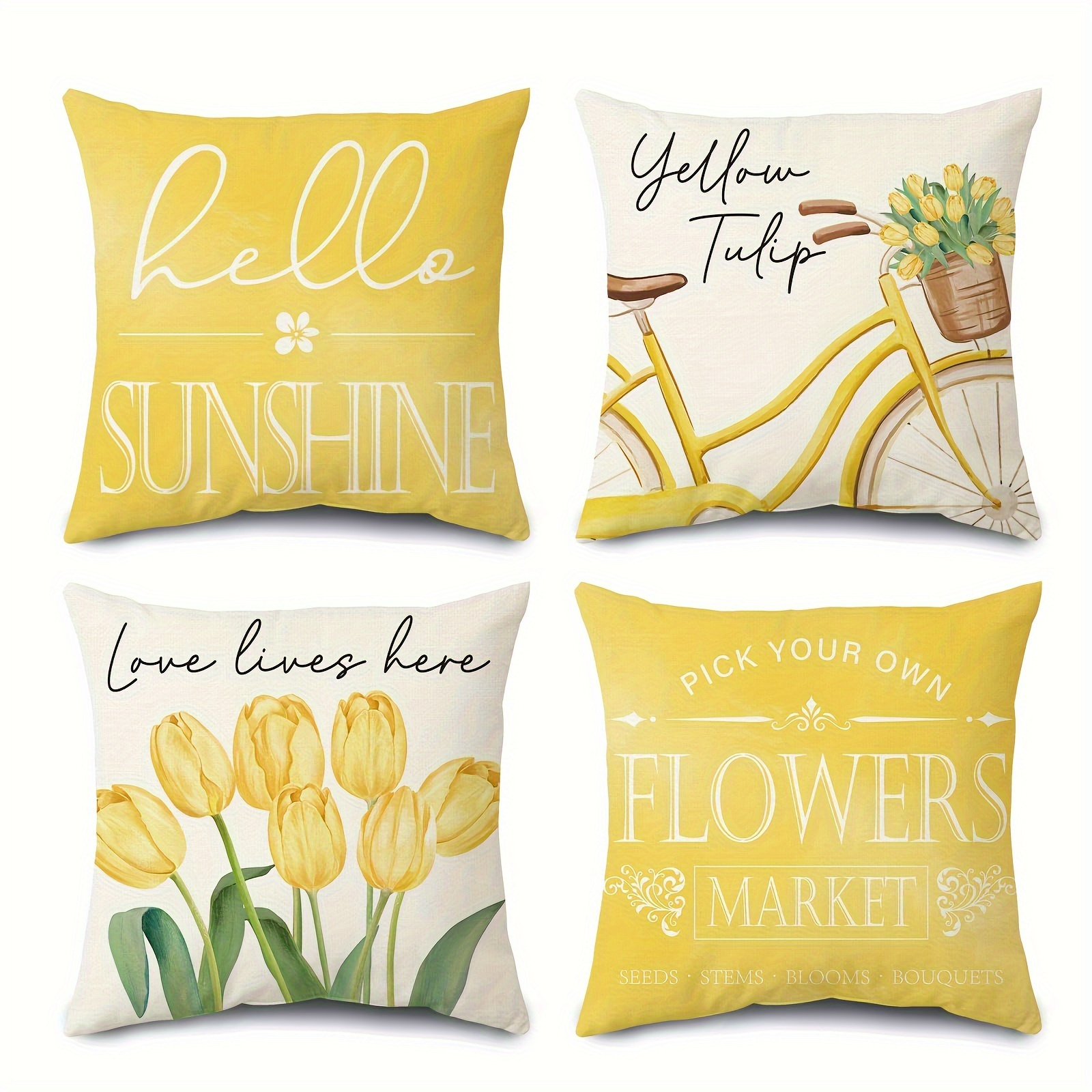 

4pcs, Linen Blend Yellow Letter Tulip Bicycle Summer Throw Pillow Cover