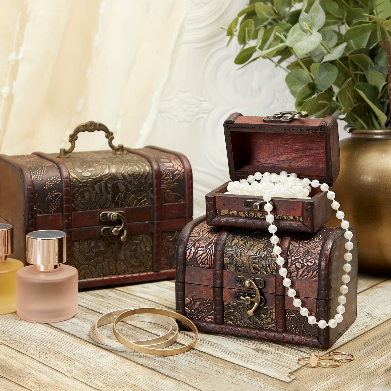 

3pcs/set Vintage Wooden Treasure Chest, Storage Boxes, Decorative Vintage Style Trunks For Jewelry Keepsakes, Home Decor, Christmas Gift, New Year Gift, Gift For Man, Gift For Woman