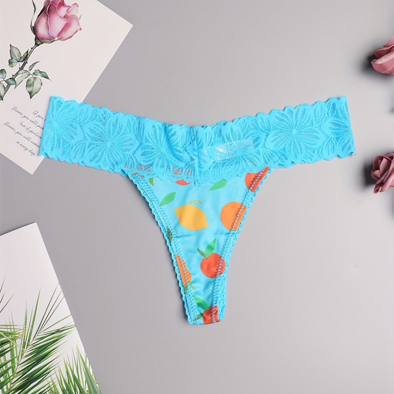 

Fruit Print Lace Trim Thongs, Comfy & Breathable Intimates Panties, Women's Lingerie & Underwear