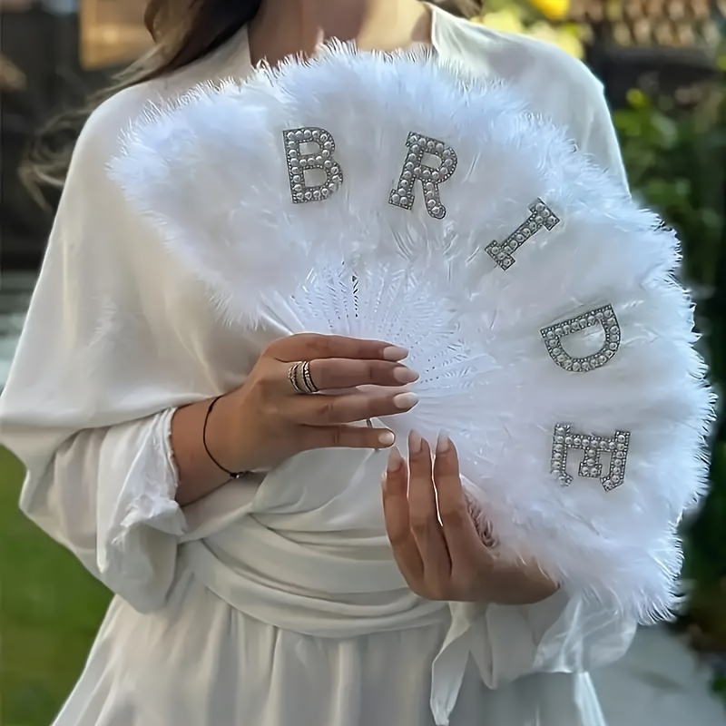 

Elegant Bridal Feather Fan With Pearls - White, Wedding Decor & Bachelor Party Accessory, Wedding Accessories