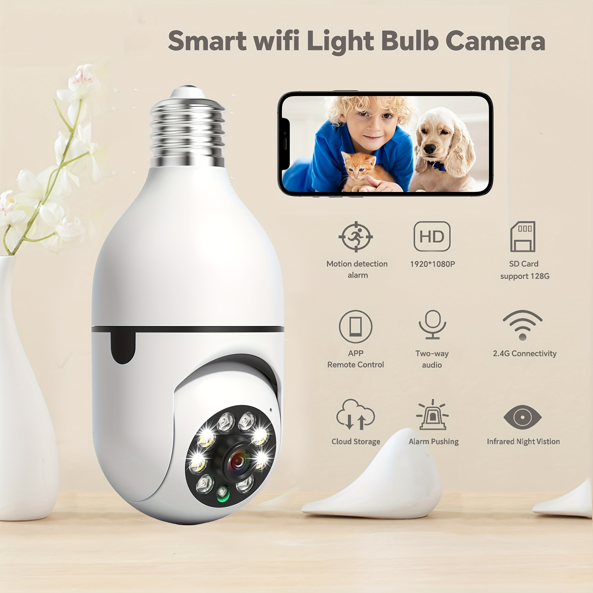 1pc WiFi Light Bulb Camera, AFGVK 355 Degree Pan/Tilt Panoramic IP Security Camera, 2.4GHz WiFi 1080P Smart Home Surveillance Cam With Motion Detection Alarm Night Vision Two Way Talk Indoor Outdoor E27