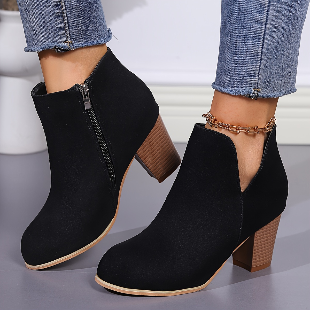 Women s Block Heeled Short Boots Fashion Side Zipper Ankle Boots Women s Comfortable Boots