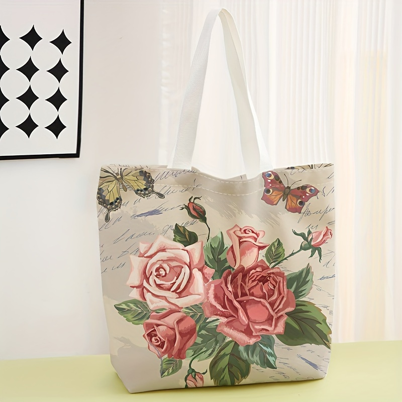 

Floral Print Tote Bag, Large Capacity Canvas Shoulder Bag, Women's Casual Handbag & Grocery Shopping Bag