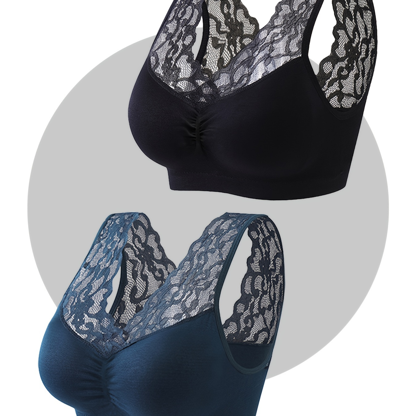 

2pcs Women's Plus Elegant Bras, Plus Size Ruched Contrast Lace High Stretch Comfy & Breathable Bralette