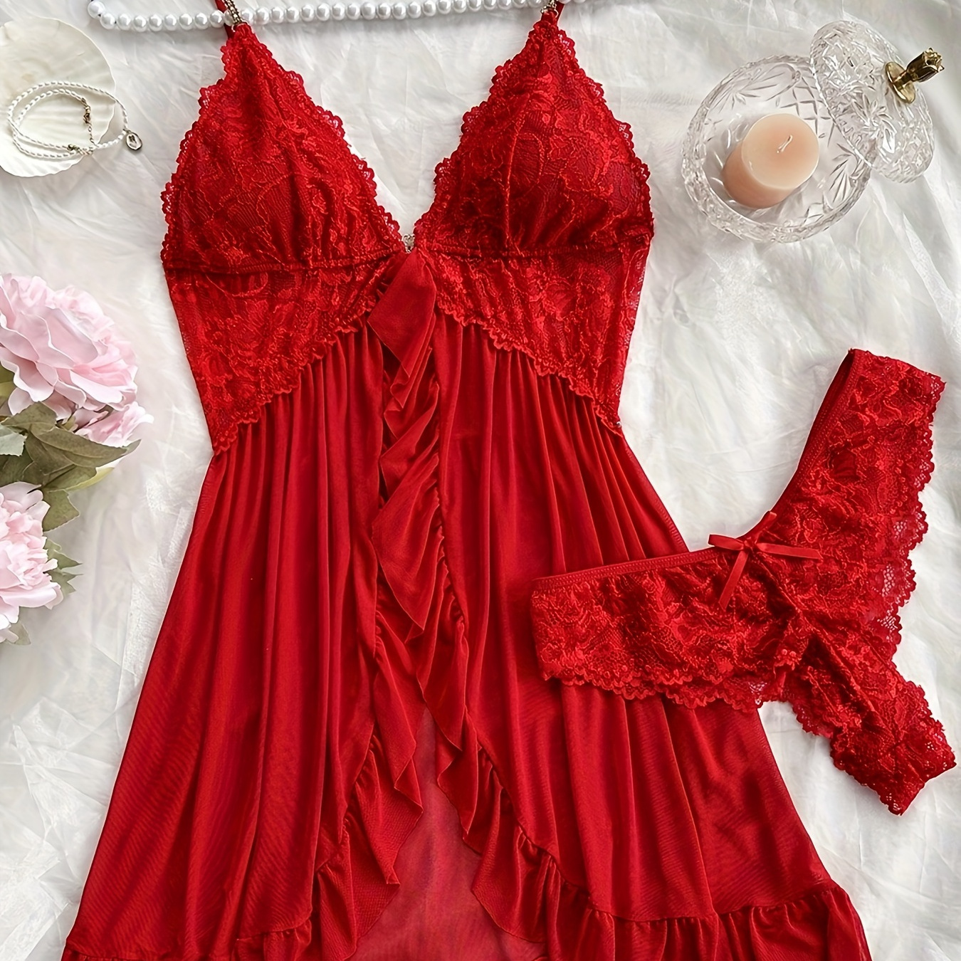 

Elegant Women's Lace Slip Dress Pajama Set - V-neck, Backless With Ruffle Hem & Matching Shorts, Breathable Polyester , All