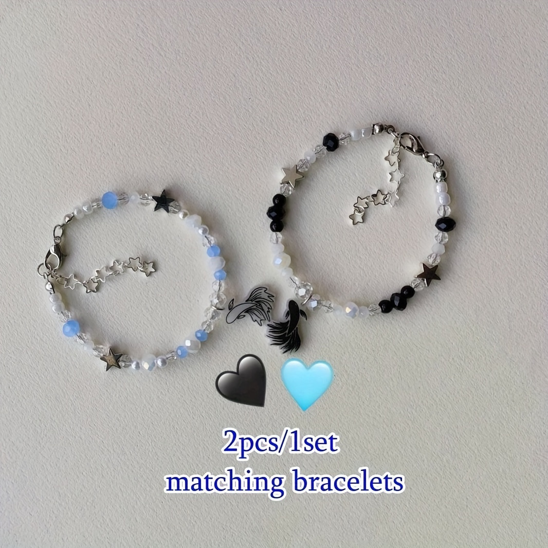 

Fashion Acrylic Beaded Couple Bracelets Set, Synthetic April Birthstone, Star & Fish Charm, Unisex Gift For Lovers, 2pcs/1set - Ideal For 15+ Years Old