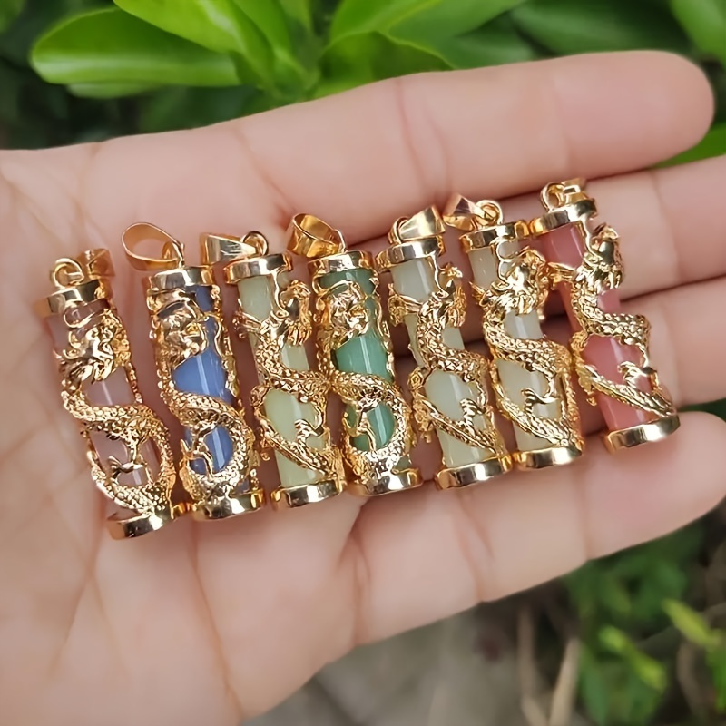 

3-piece Glowing Dragon Pillar Pendants, Golden Dragon & Phoenix Inlaid Jade Stone Pendants, Unisex Jewelry Accessories