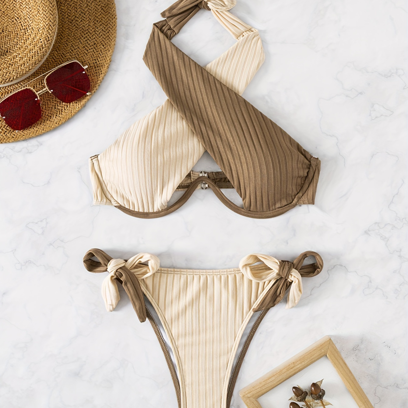 

Khaki Brown Criss Cross Neck Knot 2 Piece Set Bikini, Rib Knit Color Block Stretchy Ruched Backless Swimsuit For Beach Pool Bathing, Women's Swimwear & Clothing