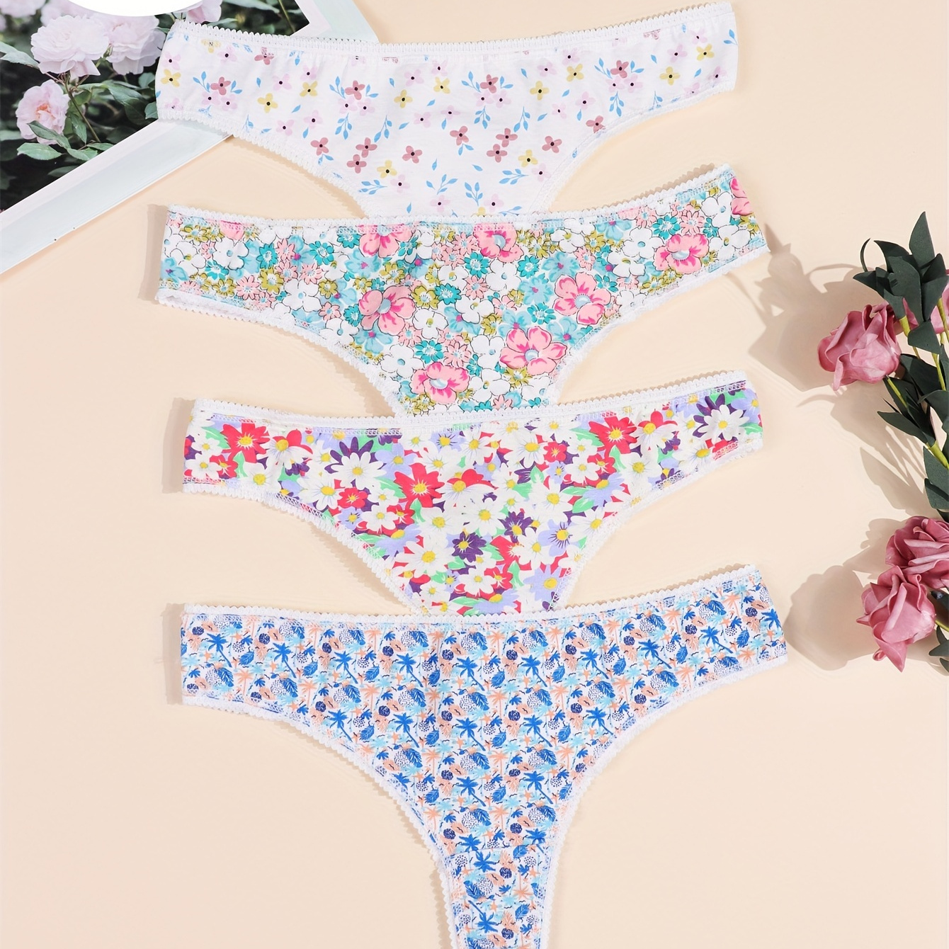 

4pcs Contrast Trims Women Floral Allover Print Cotton Thongs Set, Cute Comfy & Stretchy Lace Trim Intimates Panties, Women's Lingerie & Underwear Assorted