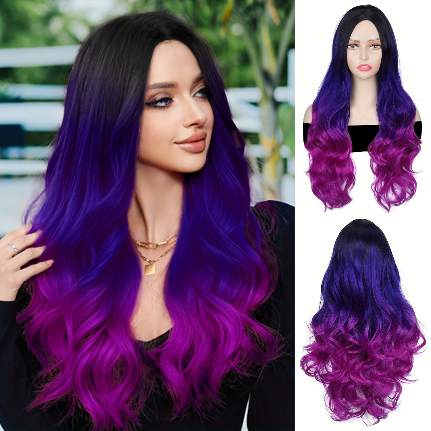 

3 Tone Ombre Color Long Purple Wig Black To Blue To Purple Hair Heat Resistant Dark Root Synthetic Hair Wavy Wig Long Purple Wig Wavy Colored Wigs For Women (1b/blue/purple) Music Festival