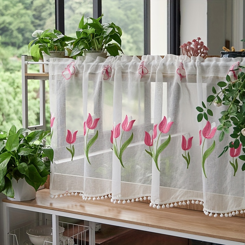 

Floral Embroidered Lace Half Curtain - Rod For Easy Hanging, Kitchen & Bedroom Decor