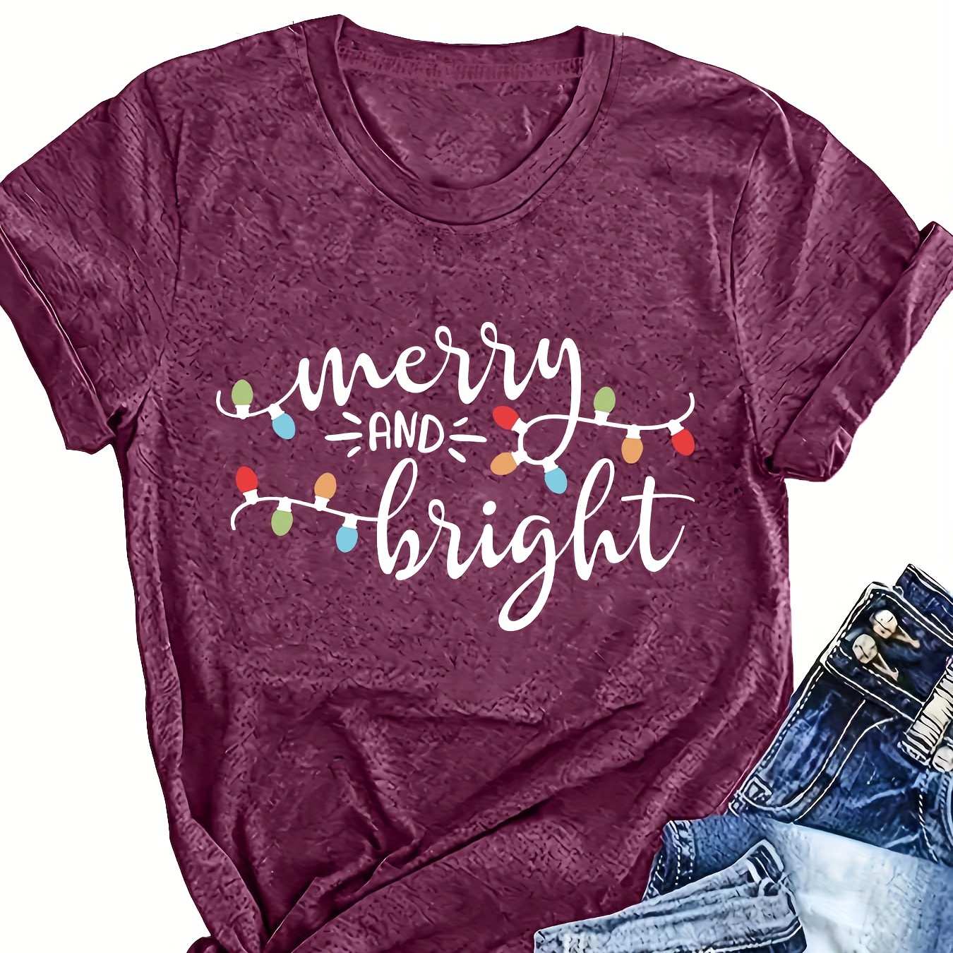 

T-shirt À Col Rond Imprimé Merry & Bright, Haut Décontracté À Manches Courtes Pour Le Printemps Et L'été, Vêtements Pour Femmes