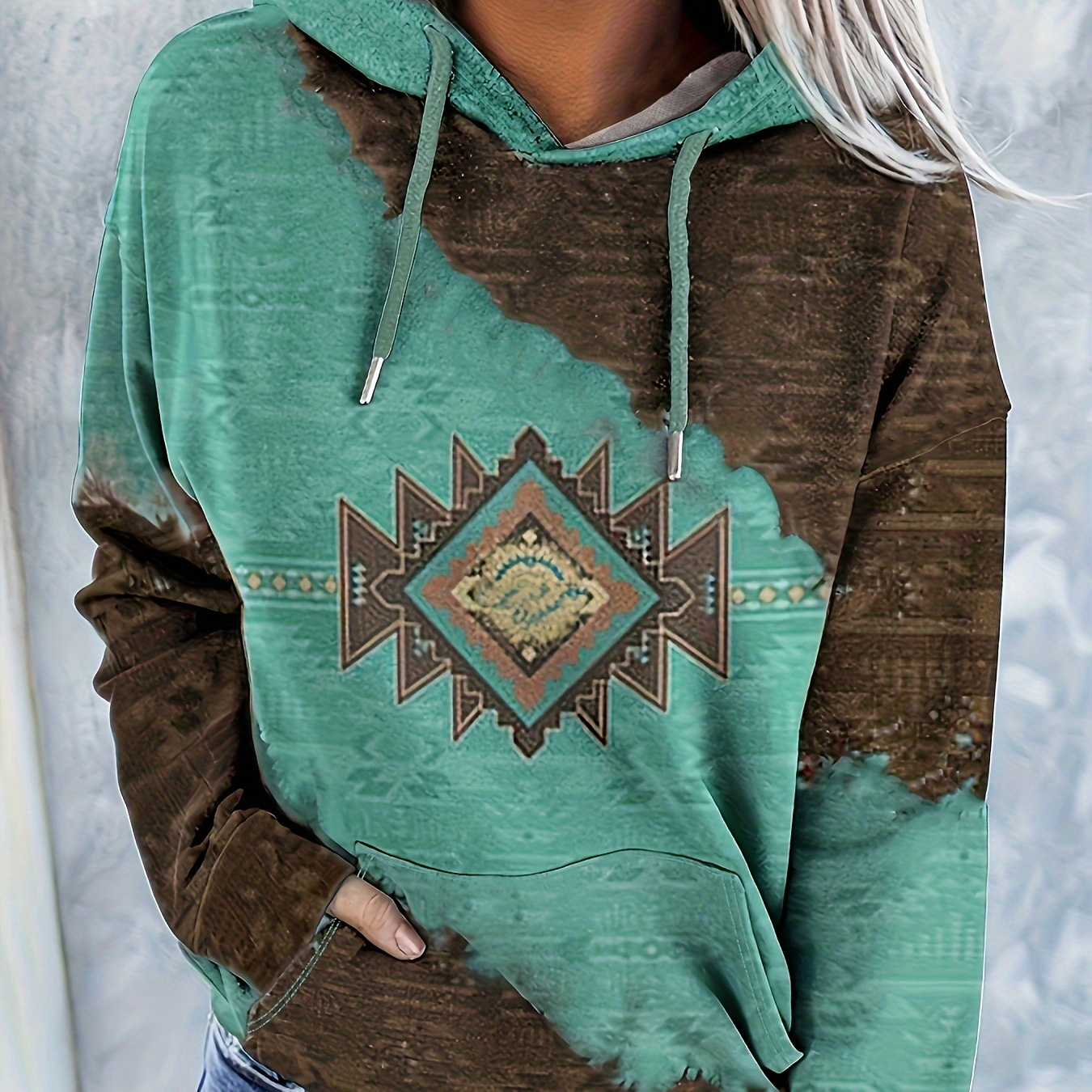 

Western Ethnic Print Kangaroo Pocket Hoodie, Vintage Long Sleeve Drawstring Hoodies Sweatshirt, Women's Clothing