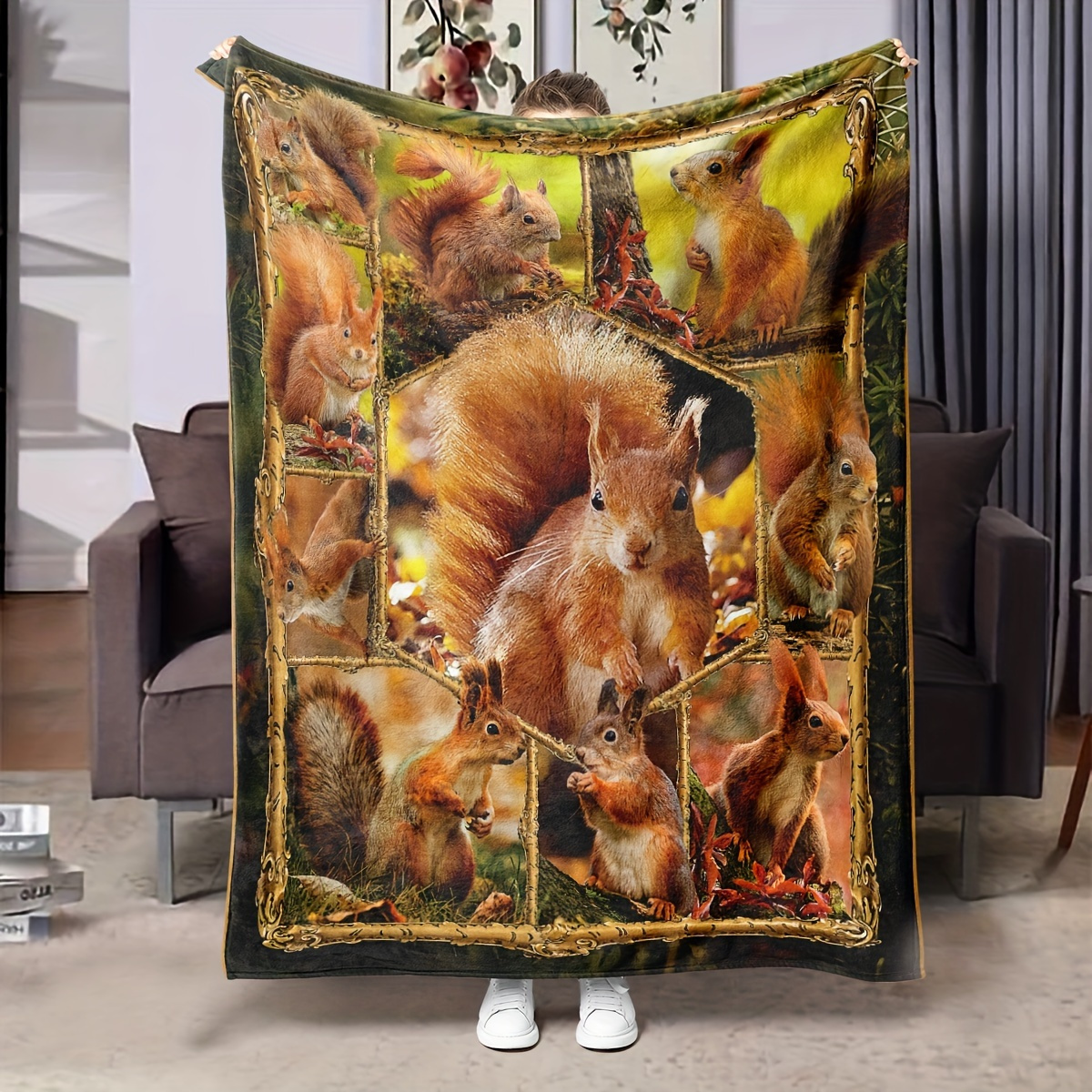 

1pc Soft And Warm Flannel Blanket, Squirrel Pattern, Comfortable Throw Blanket, Perfect For Beds, Sofas, For Camping