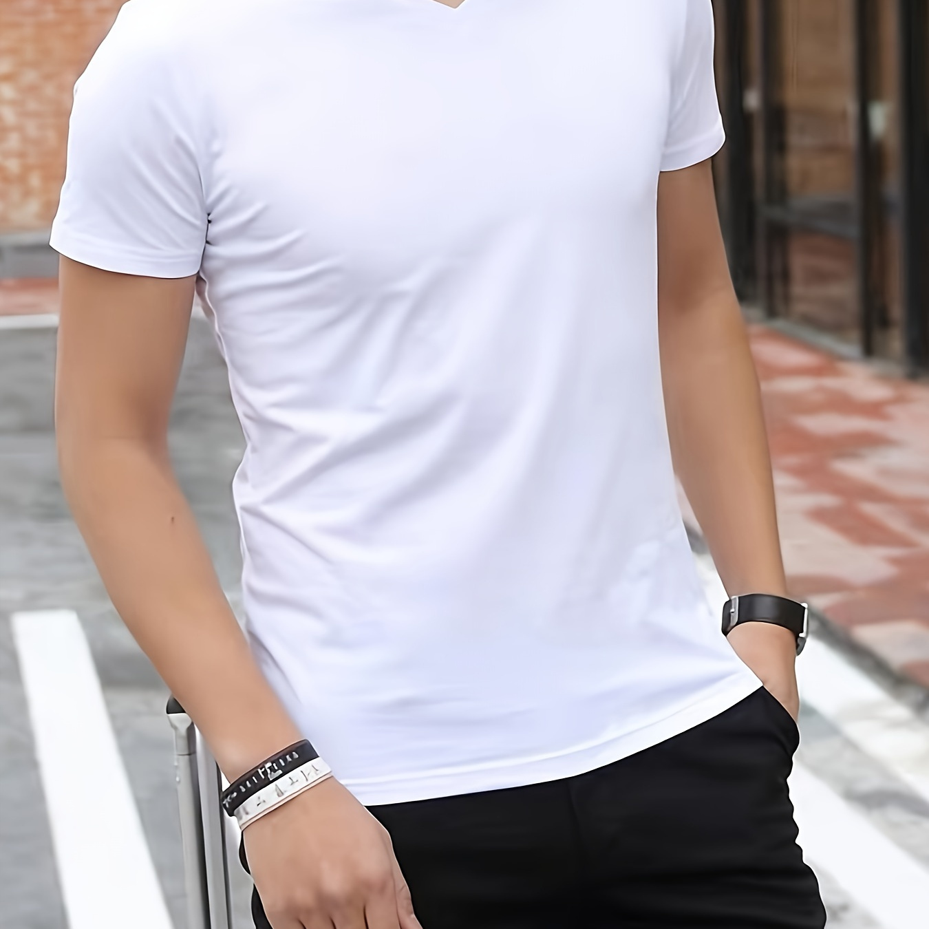 

Men's Solid Colour Short Sleeve T-shirts, Comfy Casual Elastic V Neck Tops For Men's Outdoor Activities