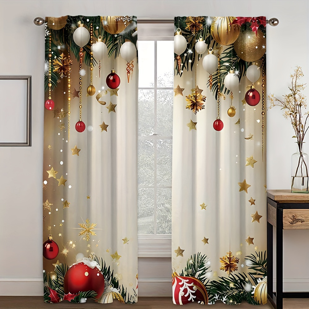 

2pcs Festive Christmas Curtains Set - Golden & Leaves Design, Rod Pocket Installation, Semi-transparent Polyester For Living Room, Kitchen, Bedroom, Study, And Dining Decor