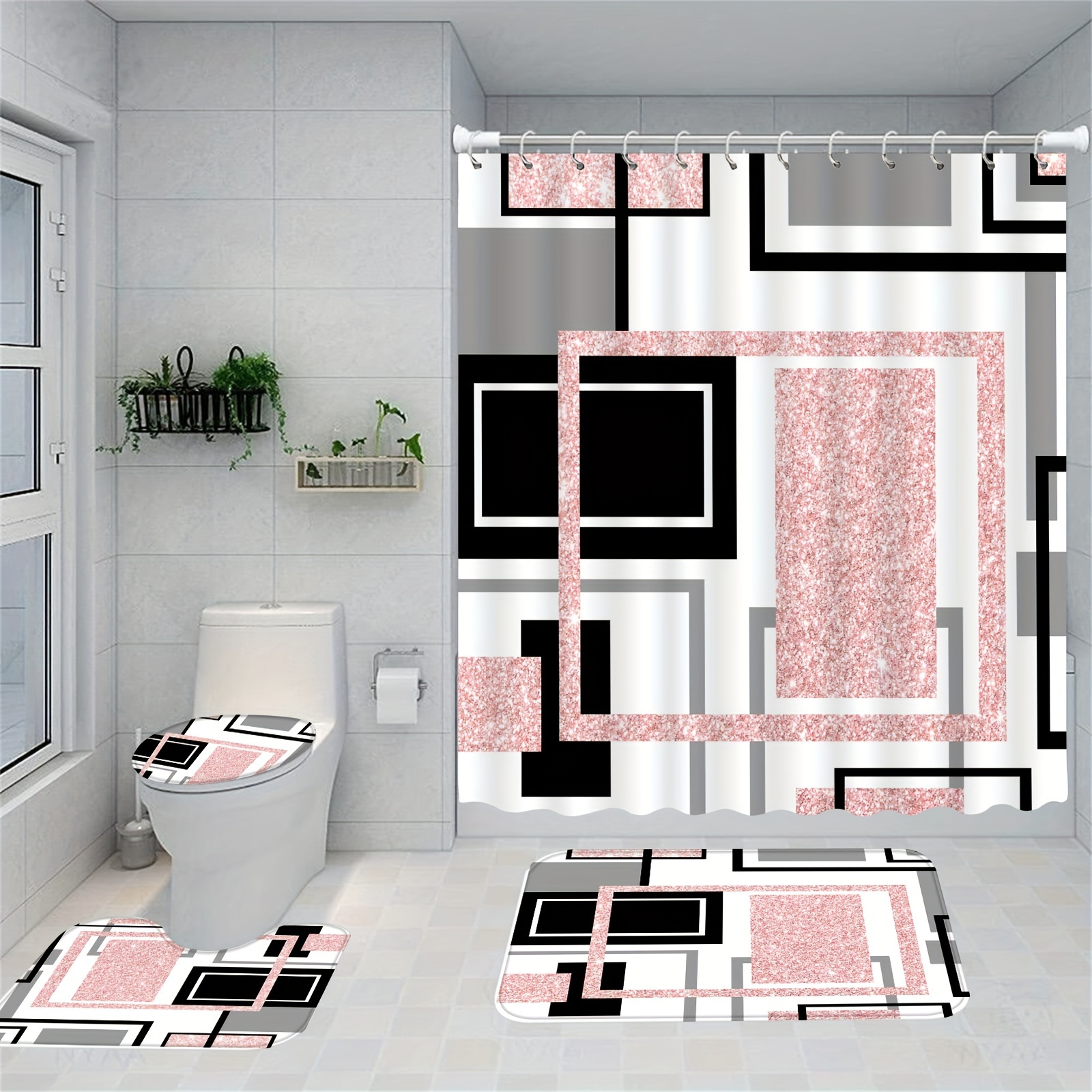 

1/4pcs Pink Geometric Pattern Shower Curtain Set, Shower Curtain With 12 Hooks, Non-slip Bath Mat, U-shaped Toilet Mat, Toilet Mat, Bathroom Accessories, Home Decor