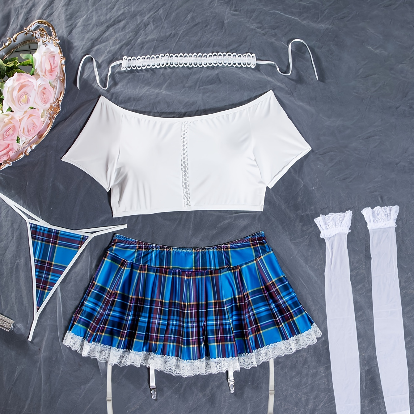 Sexy Plaid Lingerie Set Crop Top Mini Skirt Panty Choker - Temu