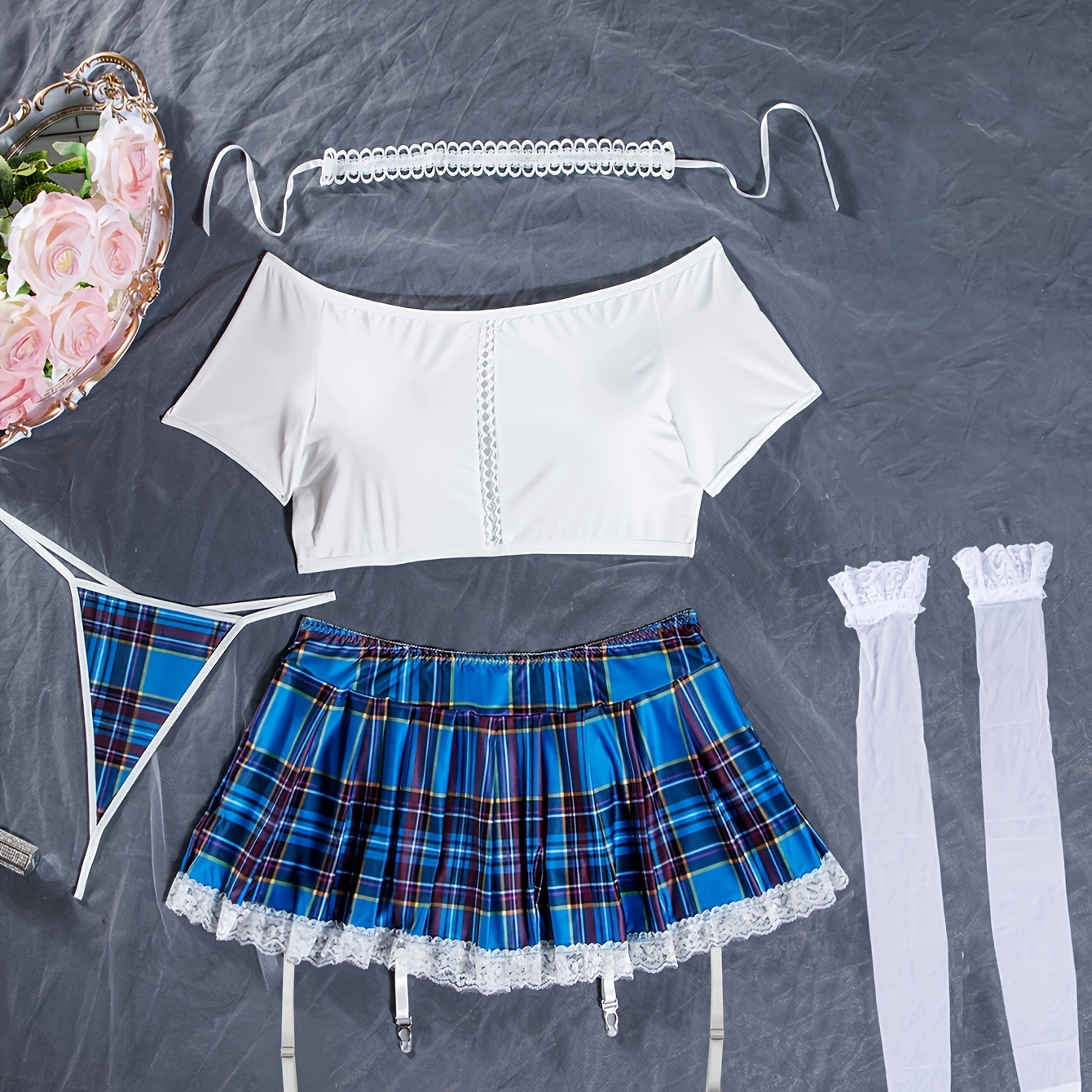 Sexy Plaid Lingerie Set Crop Top Mini Skirt Panty Choker - Temu Canada