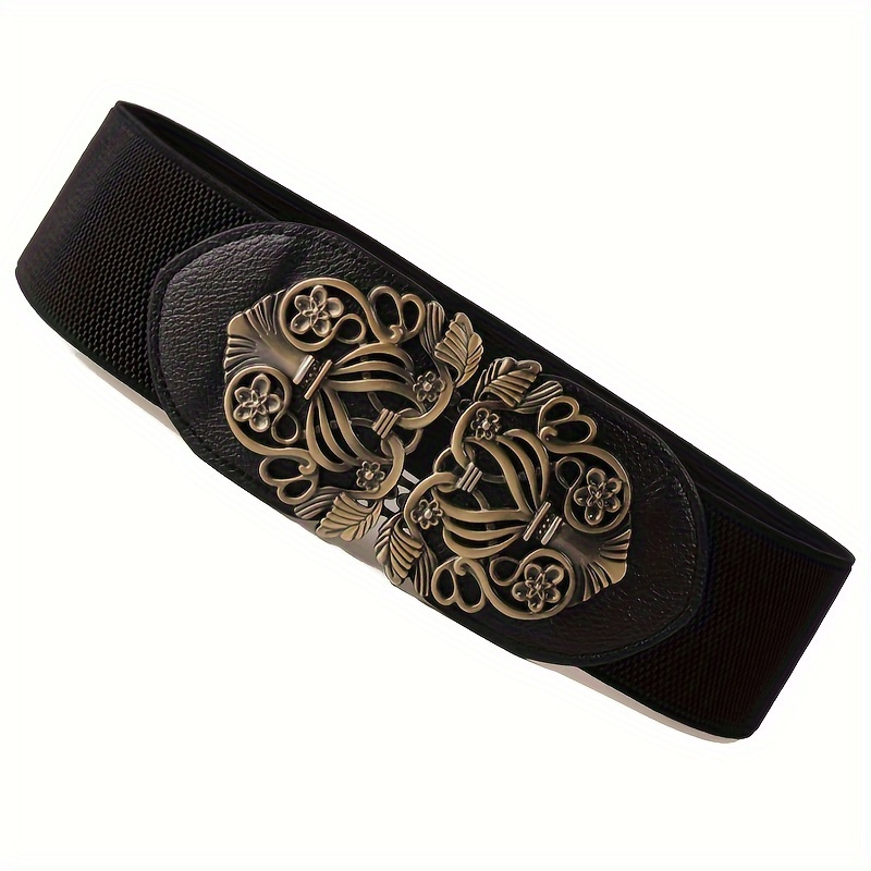 

Retro Hollow Elastic Wide Belt Stylish Carved Buckle Waist Belts Decorative Dress Girdle For Women