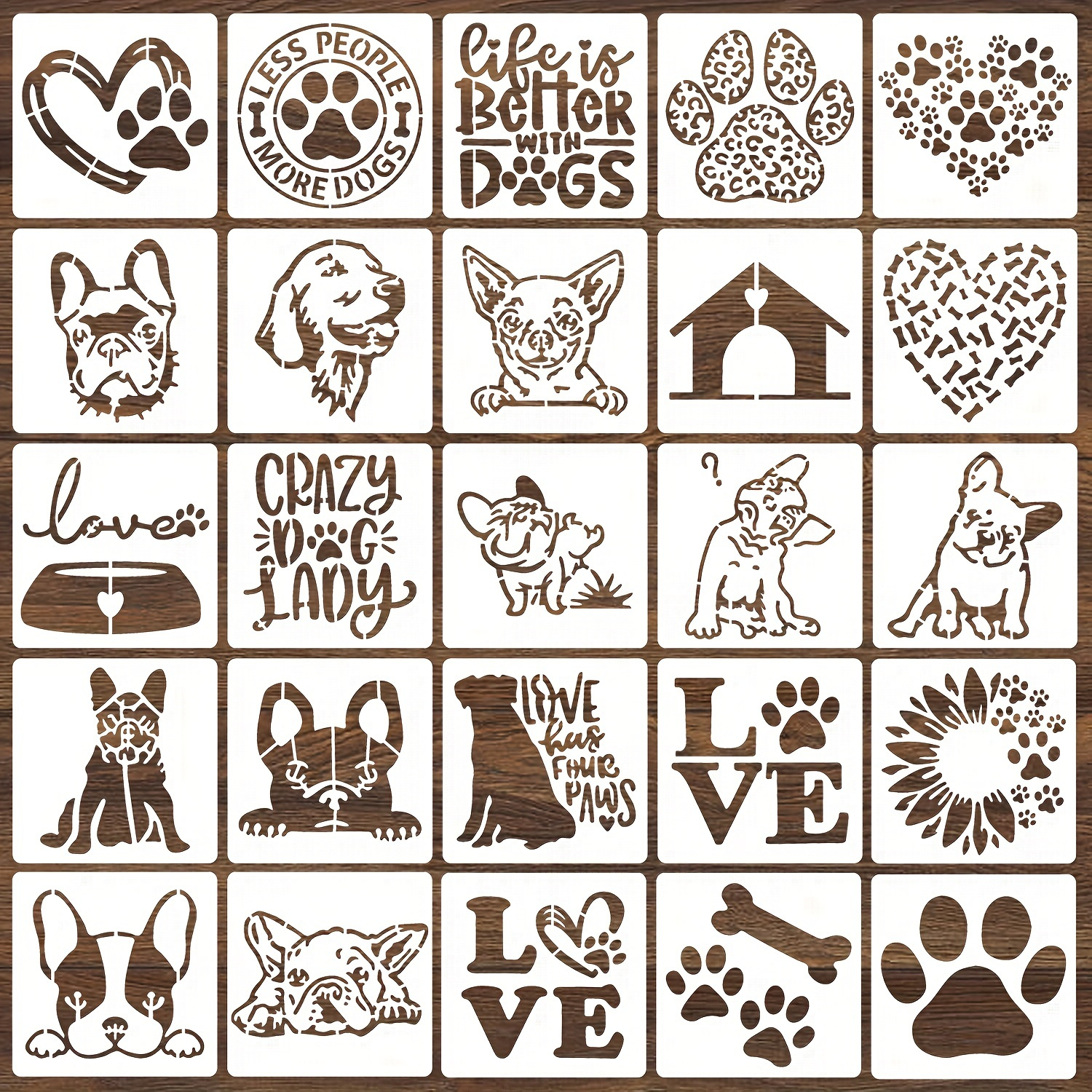 

25pcs Dog Stencils For Painting On Wood, Dog Paw Print Stencils Reusable Love Dog Painting Stencil Templates For Diy Crafts Scrapbooks Wood Home Supplies