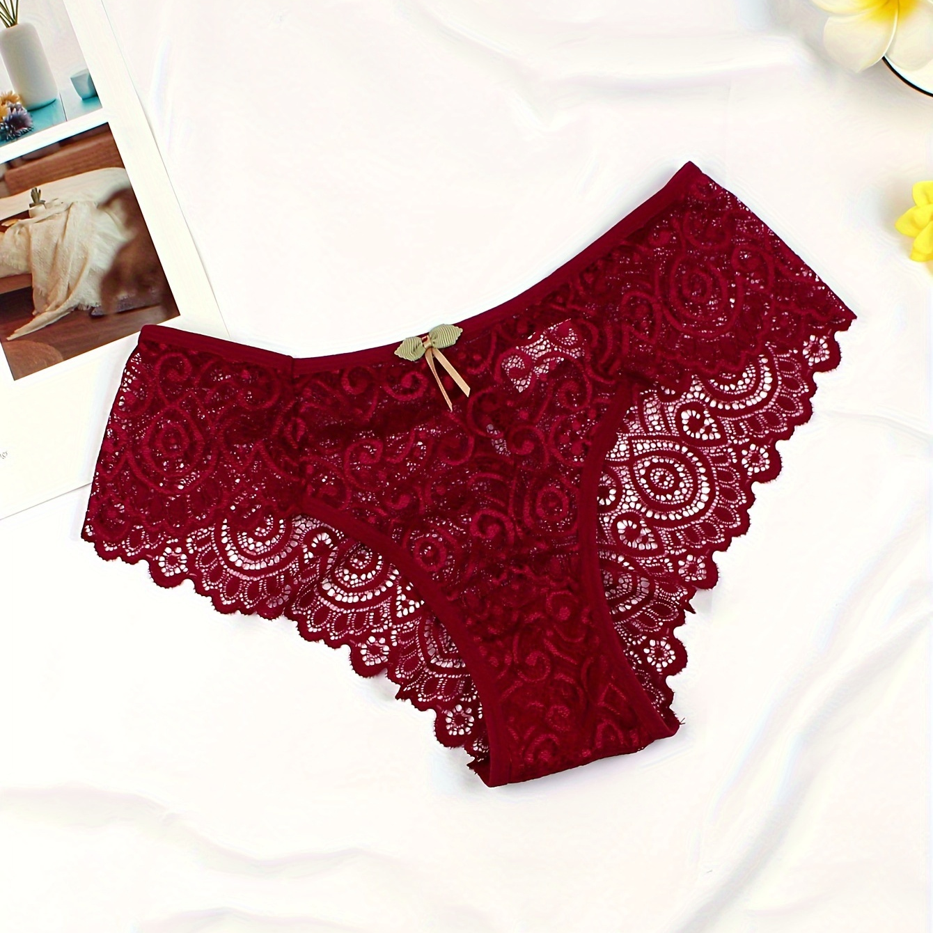 

Floral Lace Briefs, Comfy & Breathable Stretchy Intimates Panties, Women's Lingerie & Underwear