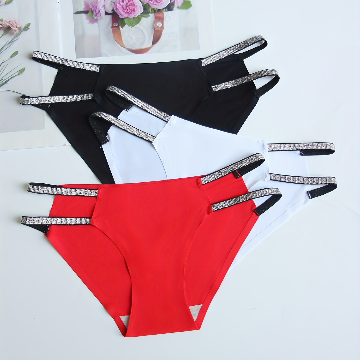 

3pcs Double Straps Seamless Briefs, Soft & Breathable Hollow Intimates Panties, Women's Lingerie & Underwear