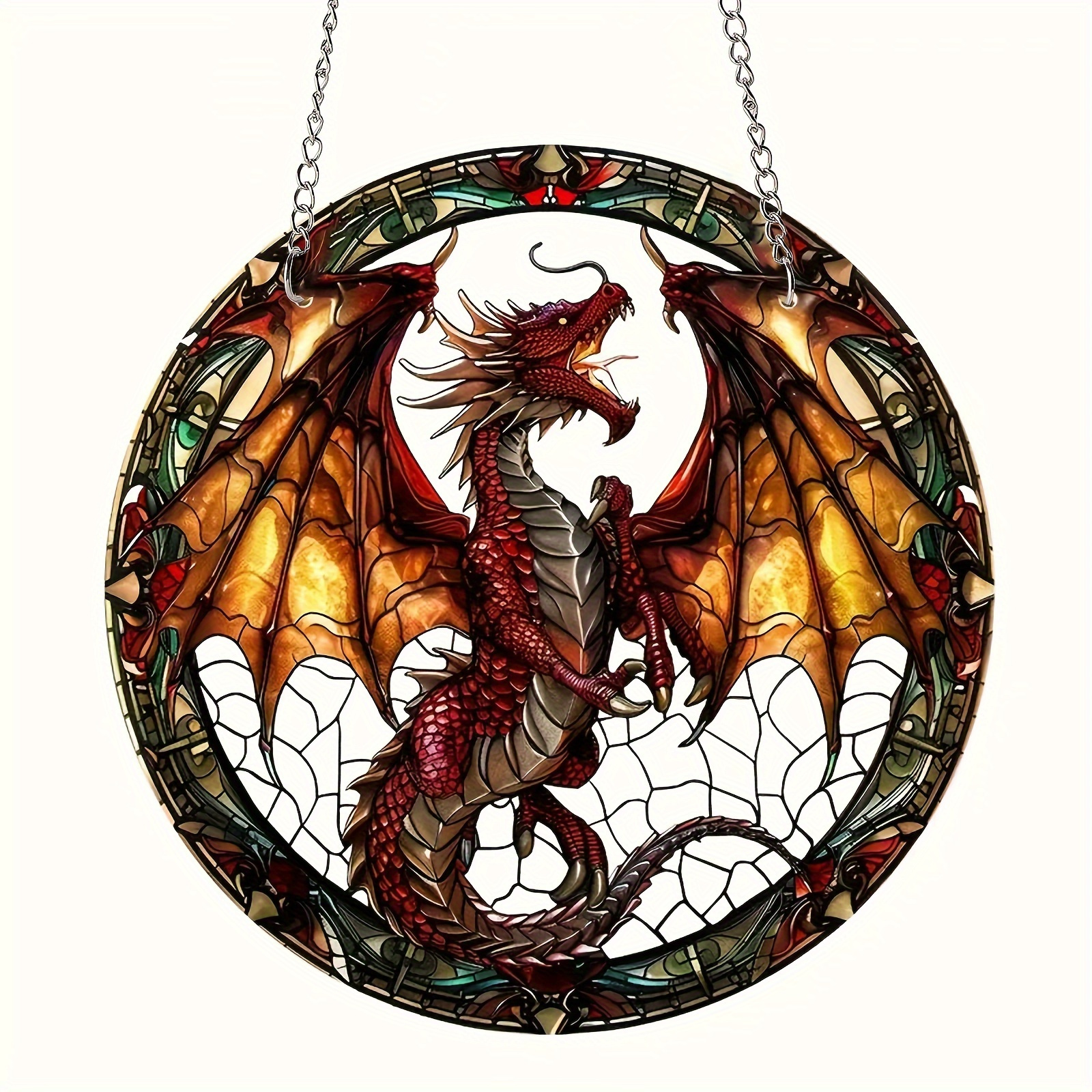 

Dragon Stained Glass Light Catcher - 5.7" Round Acrylic Window Hanging For Indoor & Outdoor Decor, Perfect For Home, Garden, Office - Ideal Birthday Gift