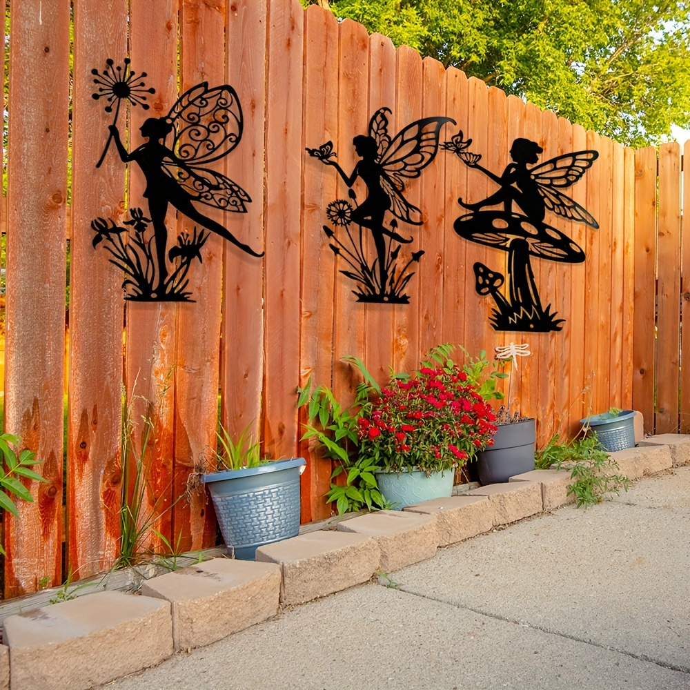 

3pcs Black Metal Fairy Wall Art Set - Indoor/outdoor Decor For Living Room, Bedroom, Kitchen, And Balcony