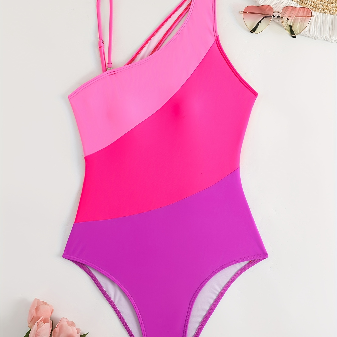 

Contrast Color Asymmetrical One-piece Swimsuit, Tummy Control High Cut Bathing Suits, Women's Swimwear & Clothing