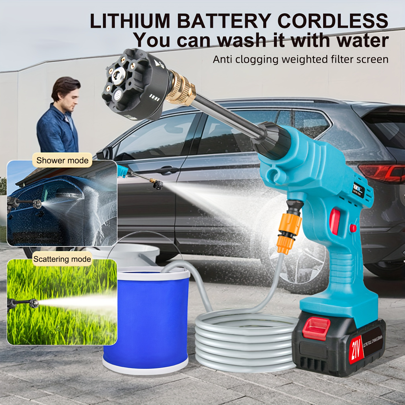 21V Cordless Pressure Washerwith Accessories Portable Electric Car Pressure  Washer for Cars Gardens Terraces Windows Cleaning Works