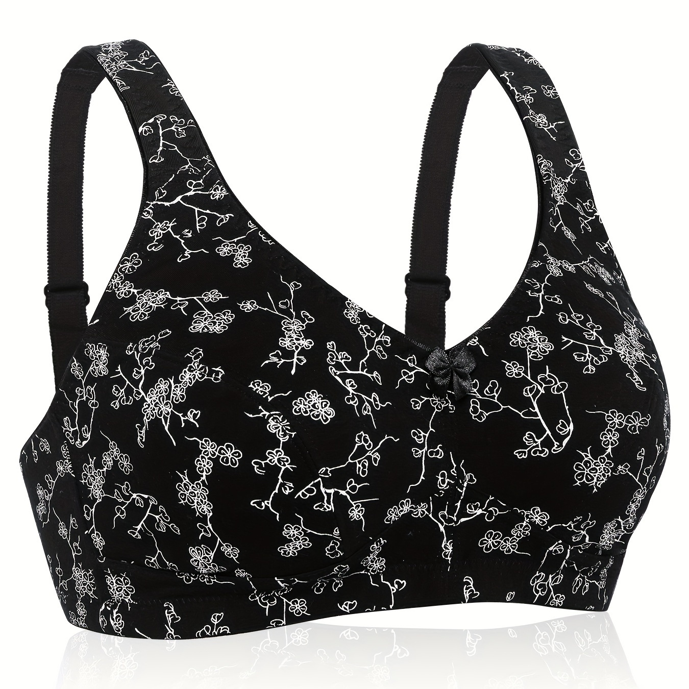 Plus Size Elegant Bra, Women's Plus Floral Print Wireless Full Coverage Comfort Bra