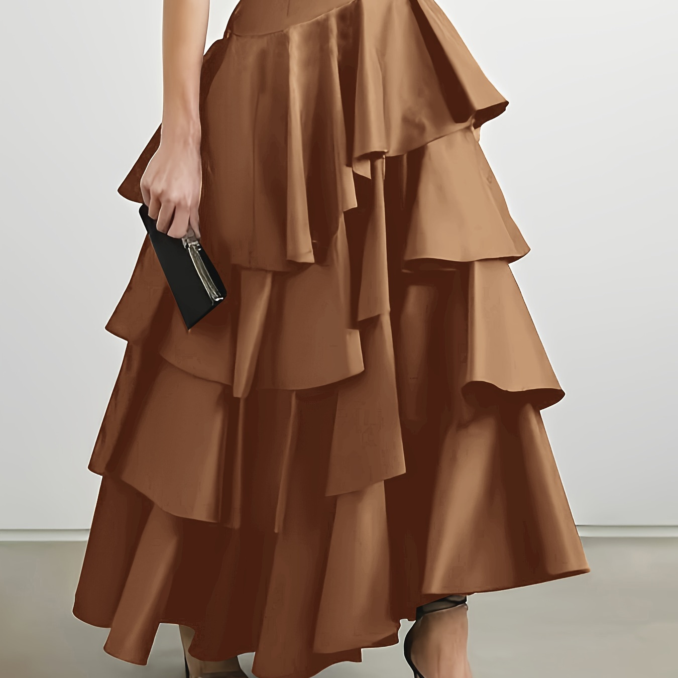 

Layered Ruffle Asymmetrical Hem Skirt, Elegant High Waist Skirt For Fall & Winter, Women's Clothing