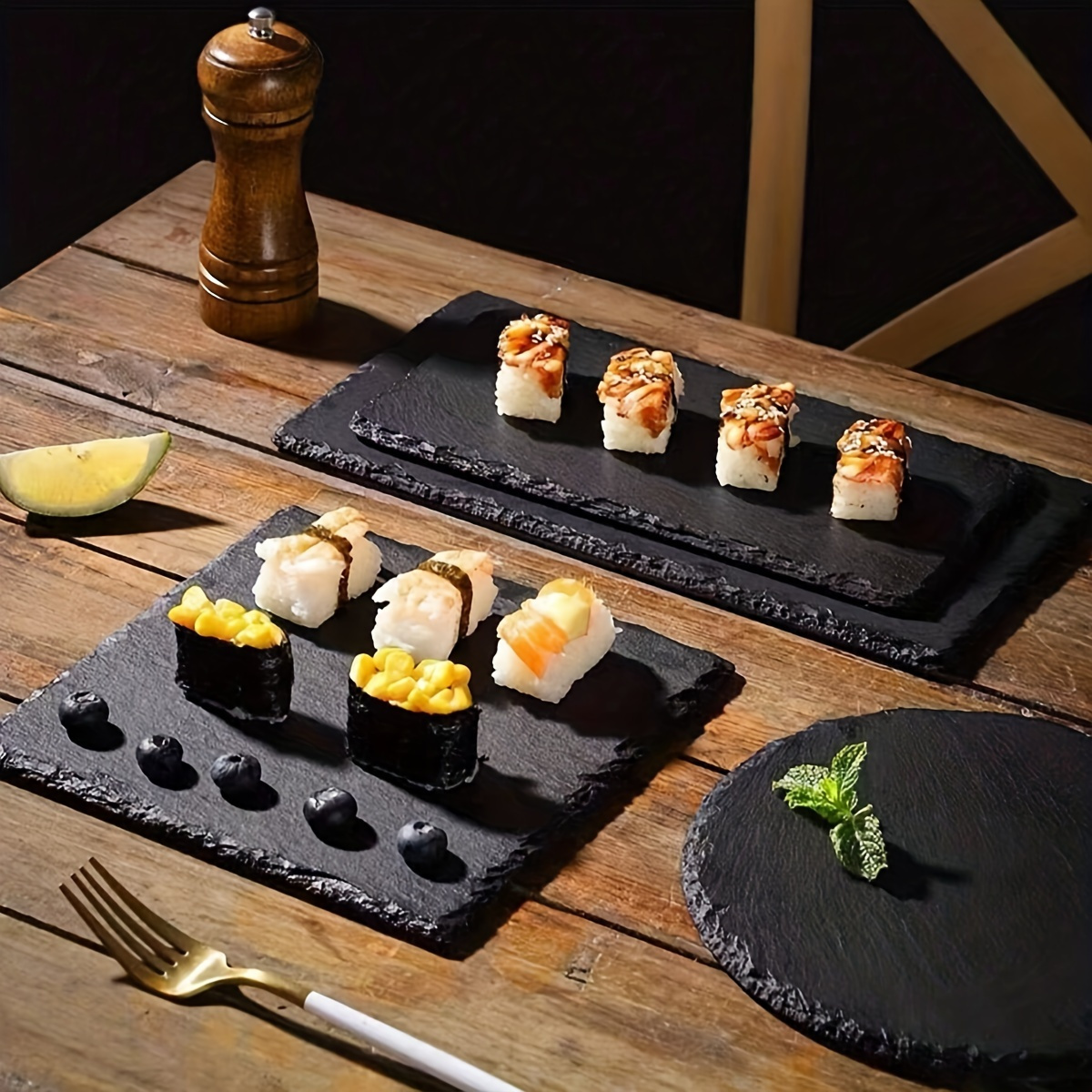 

Japanese Style Natural Slate Square Plate For Sushi & Steak - Black Marble Creative Serving Dish For Bbq, Western Cuisine - Ideal For Home Kitchen & Restaurant Use - 1pc