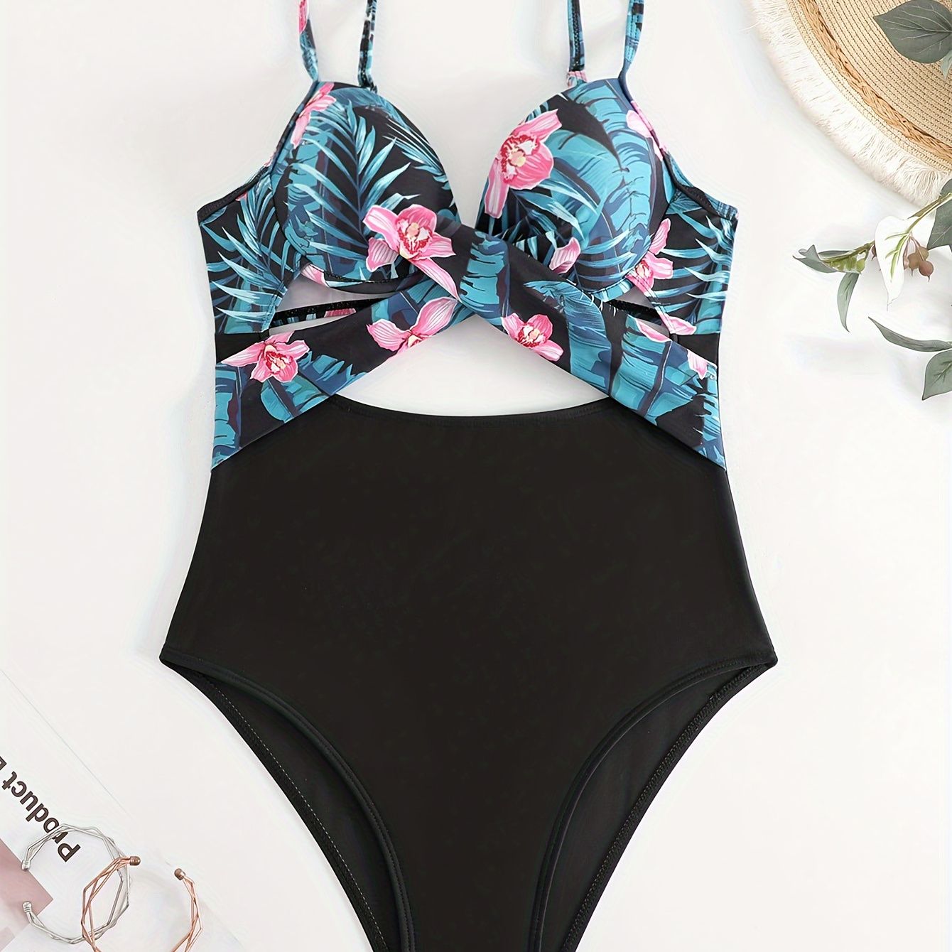 

Tropical Print One-piece Swimsuit, Spaghetti Straps Hollow Out High Cut Bathing Suits, Women's Swimwear & Clothing
