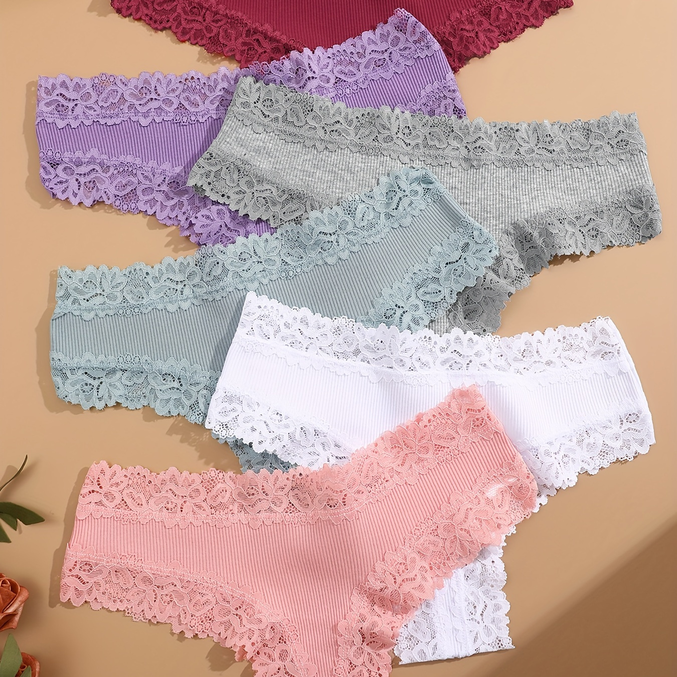 

6pcs Lace Stitching Panties, Soft & Comfy Ribbed Intimates Panties, Women's Lingerie & Underwear