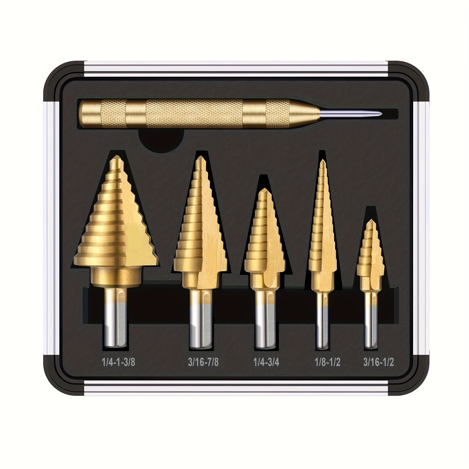 

6pcs/set, 5pcs Hss Titanium 50 Sizes In 5 Step Drill Bits Set With 1pc Automatic Spring Loaded Center Punch Circle Hole Cutter X-shaped Mouth Metal Set