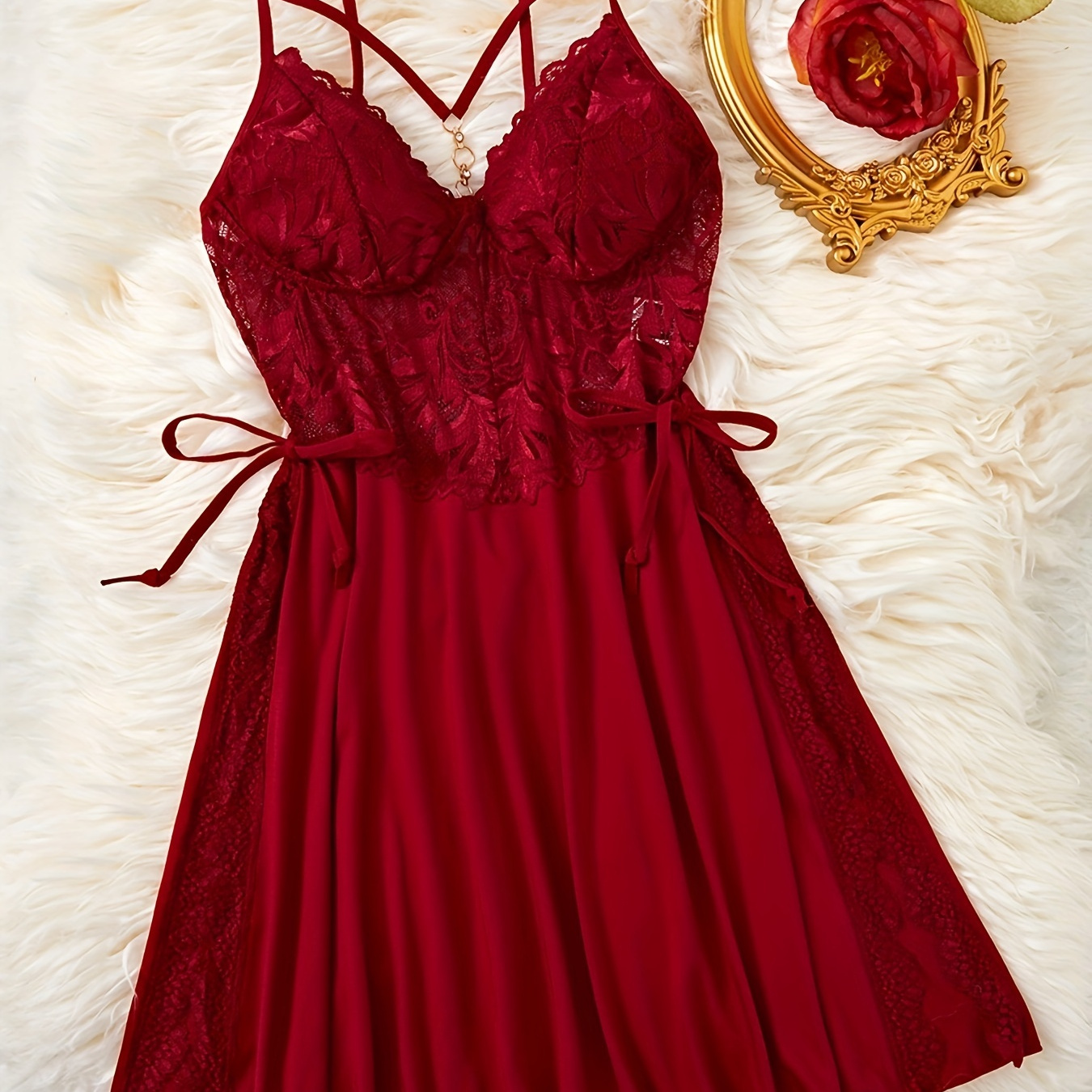 

Elegant Solid Contrast Lace Nightgown, Metal Decor Strappy V Neck Backless Slip Dress, Women's Sleepwear