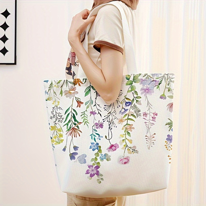 

Flower Pattern Double-sided Printed Casual Tote Bag, Reusable Fashionable Handbag, Multifunctional Canvas Shopping Shoulder Bag