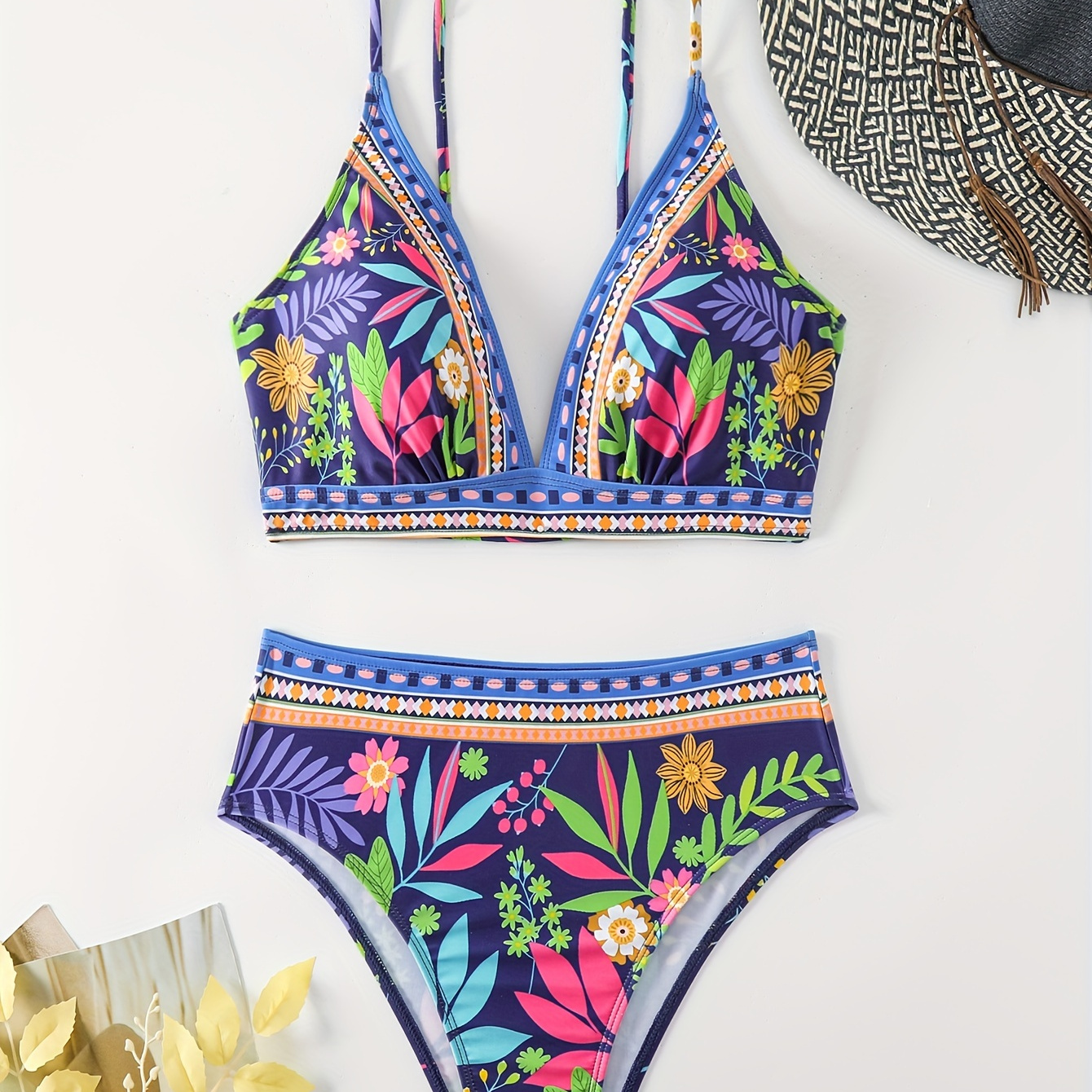 

Tribal Tropical Print 2 Piece Set Bikini, V Neck High Cut Swimsuits, Women's Swimwear & Clothing