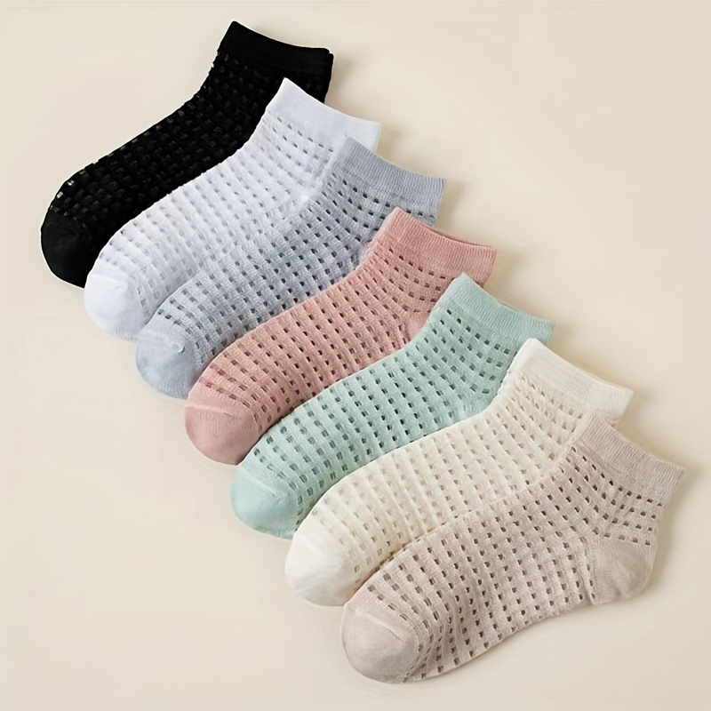 

7 Pairs Solid Hollow Mesh Socks, Simple & Breathable Short Socks, Women's Stockings & Hosiery