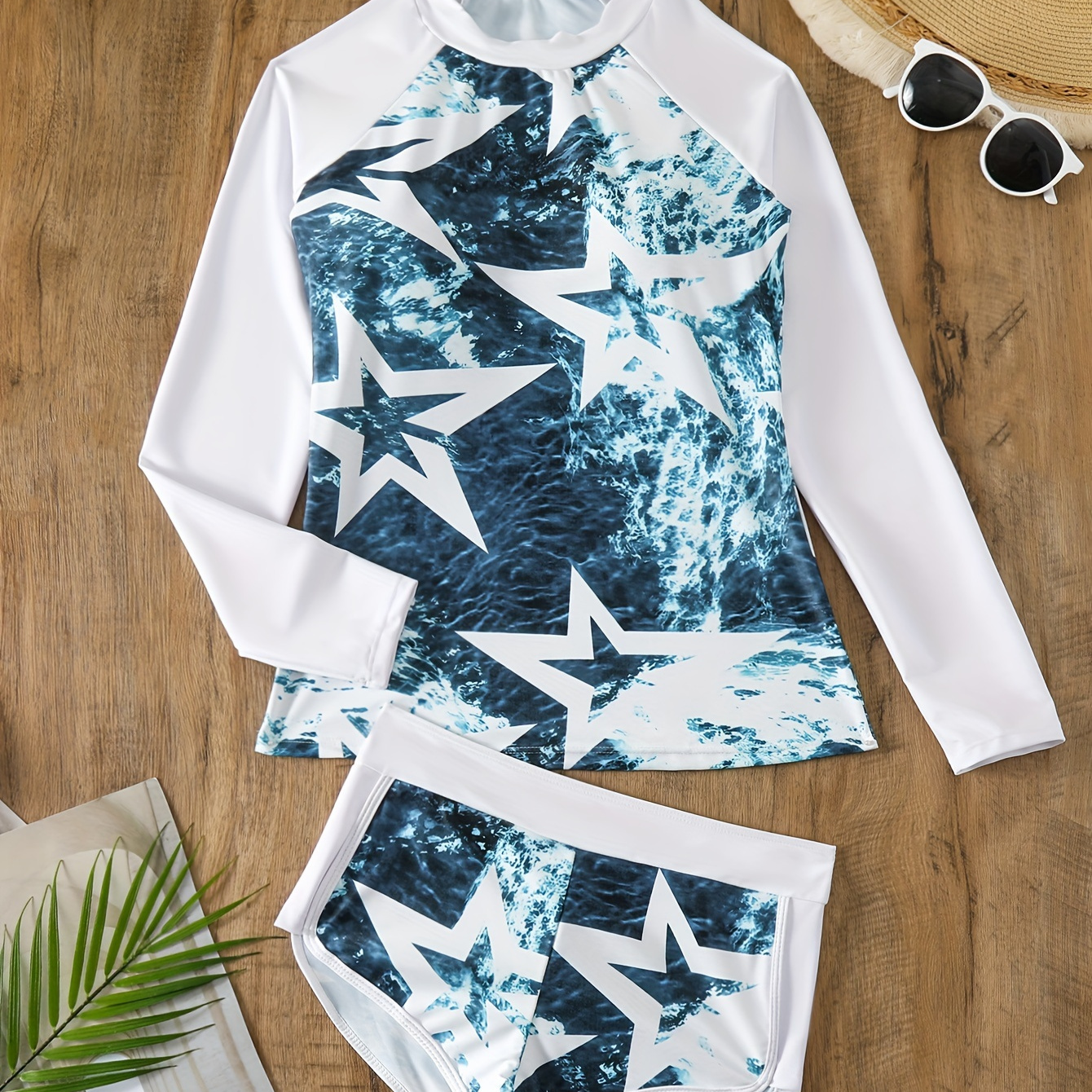 

Star Ocean Print Patchwork 2 Piece Swimsuit, Crew Neck High Stretch Sun Protective Water Sports Surfing Rush Guard, Women's Swimwear & Clothing