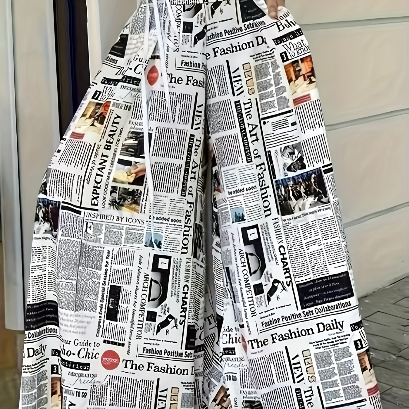 

Newspaper Print Wide Leg Pockets Pants, Casual & Versatile High Waist Pants For , Women's Clothing