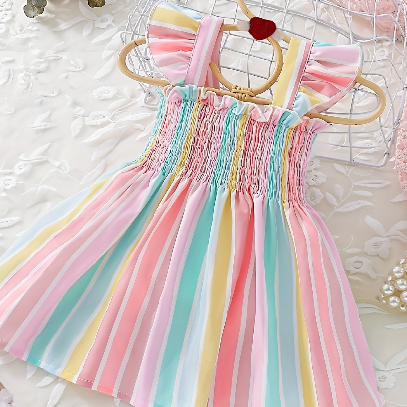 

Infant & Toddler's Rainbow Color Shirred Dress, Elegant Cap Sleeve Dress, Baby Girl's Clothing For Summer
