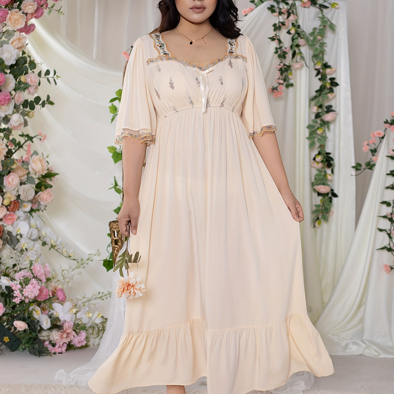 

Women's Plus Dress, Plus Size Bow Decor Embroidery Half Sleeve Neck Ruffle Hem Nightdress