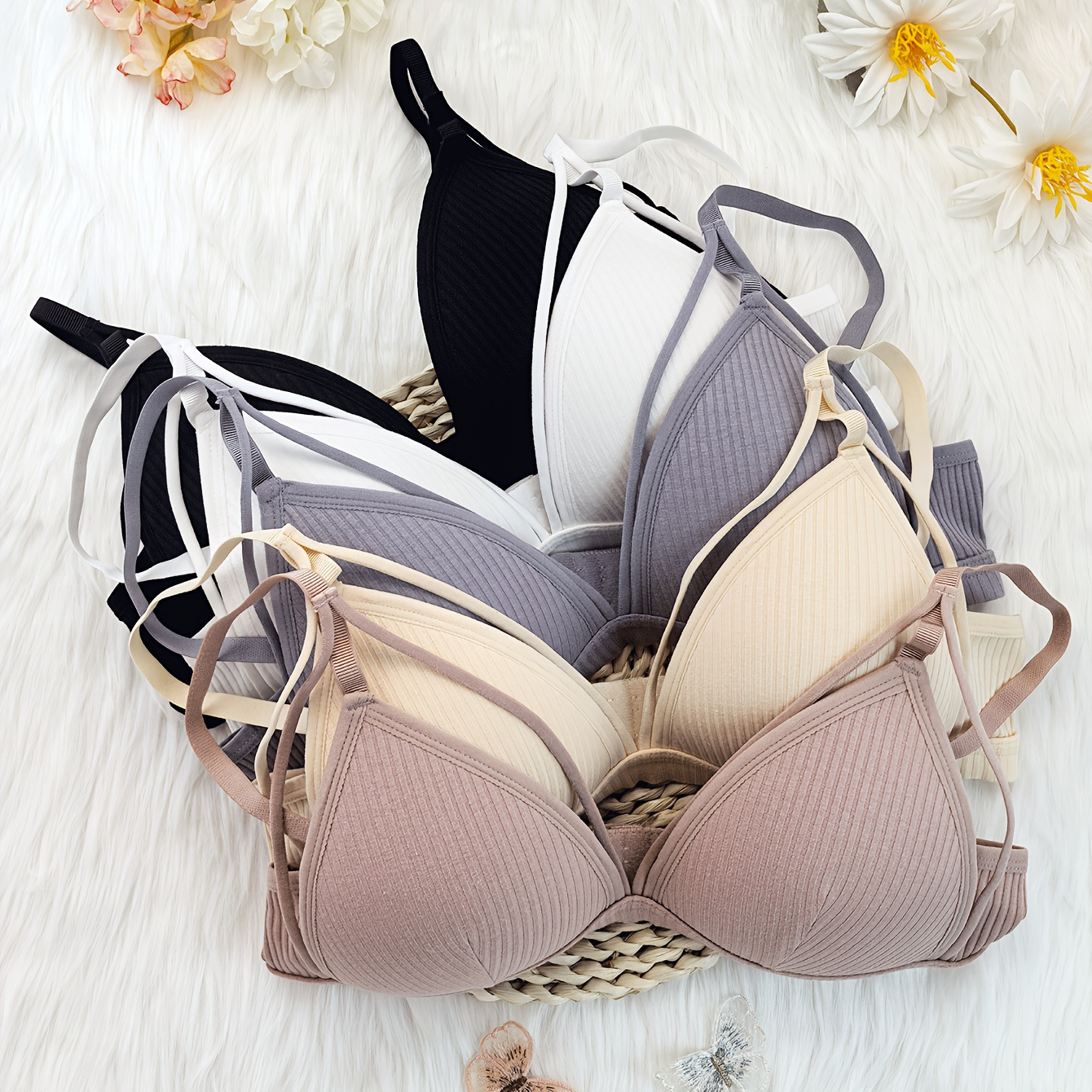 

5pcs Women' Color Comfort Bralettes - Wireless, Full Coverage, Adjustable Straps, Soft Ribbed Fabric, Casual Bras For Fall & Winter, Comfortable Undergarments|offshoulder Lingerie|nonremovable Padding