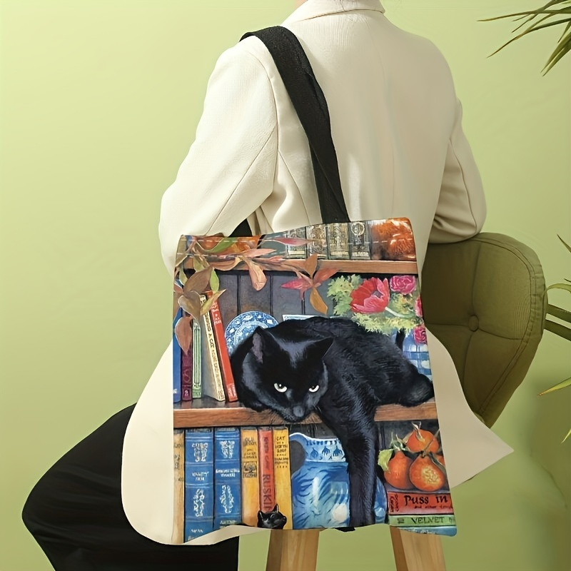 

Black Cat & Books Themed Tote Bag For Women, Large Capacity Reusable Shoulder Shopping Bag, Casual Travel Beach Bag With Durable Handles